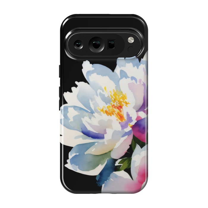 Pixel 9 pro StrongFit Watercolour painted peony flower on black - peony petals by Oana 