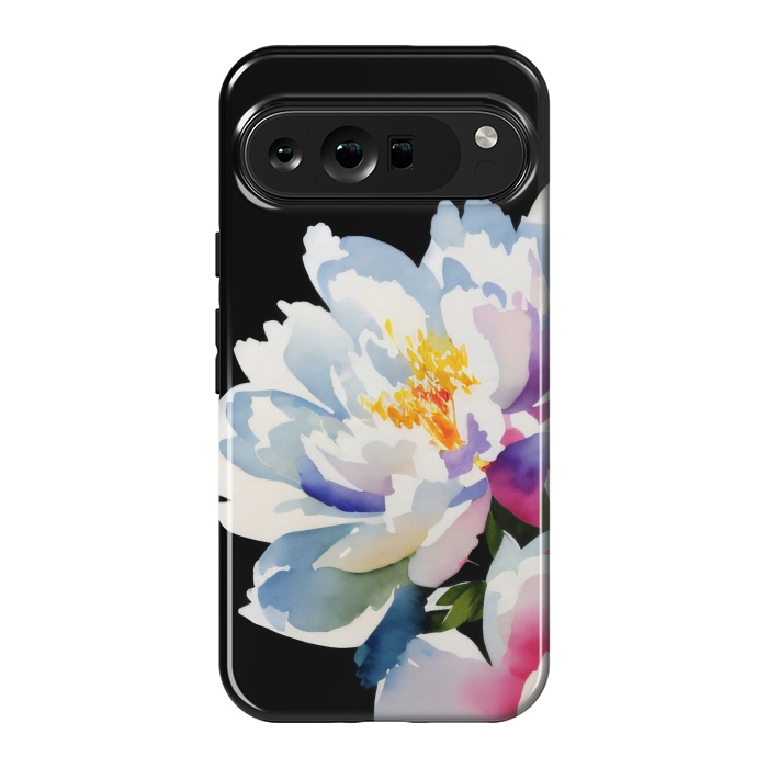 Pixel 9 Pro XL StrongFit Watercolour painted peony flower on black - peony petals by Oana 