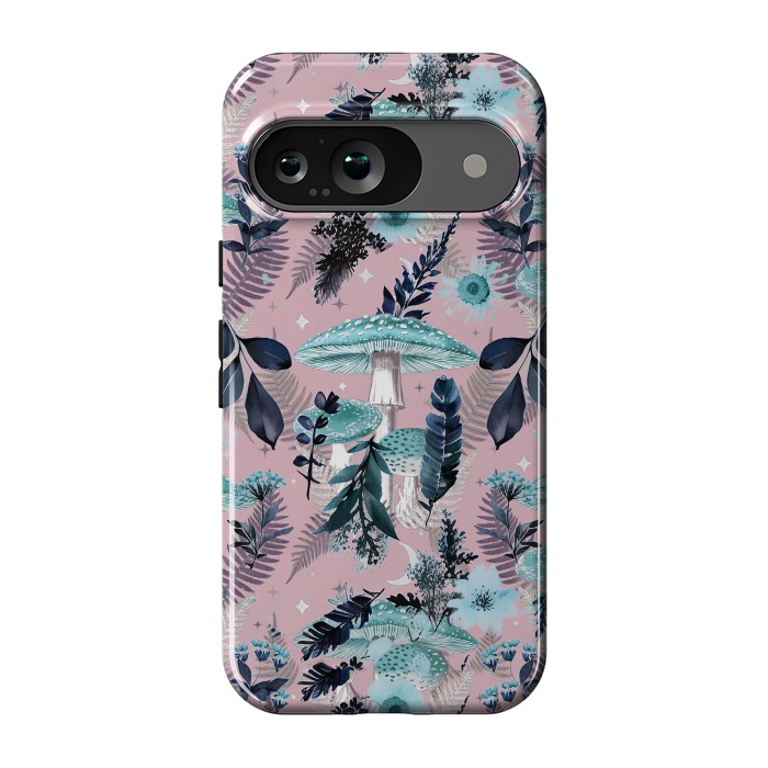 Pixel 9 StrongFit Whimsical mushrooms - blue pink mushrooms and forest leaves by Oana 