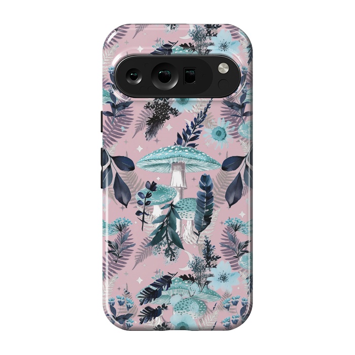 Pixel 9 pro StrongFit Whimsical mushrooms - blue pink mushrooms and forest leaves by Oana 