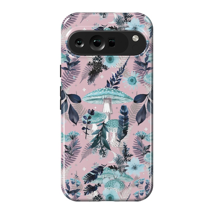 Pixel 9 Pro XL StrongFit Whimsical mushrooms - blue pink mushrooms and forest leaves by Oana 