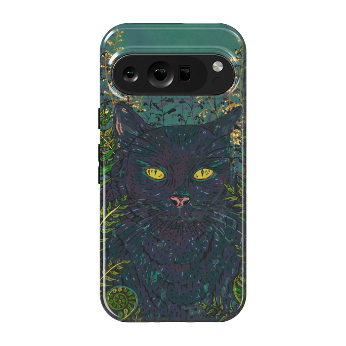 Pixel 9 pro StrongFit Black Cat in Ferns by Lotti Brown