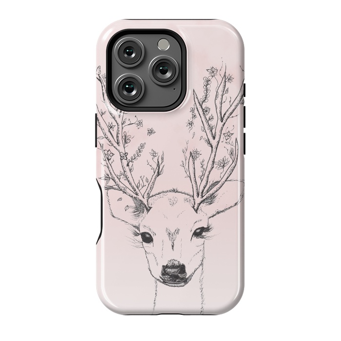 iPhone 16 Pro StrongFit Cute Handdrawn Floral Deer Antlers Pink by Girly Trend