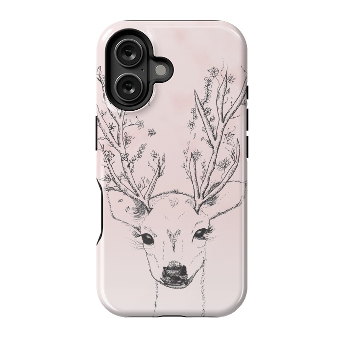 iPhone 16 StrongFit Cute Handdrawn Floral Deer Antlers Pink by Girly Trend