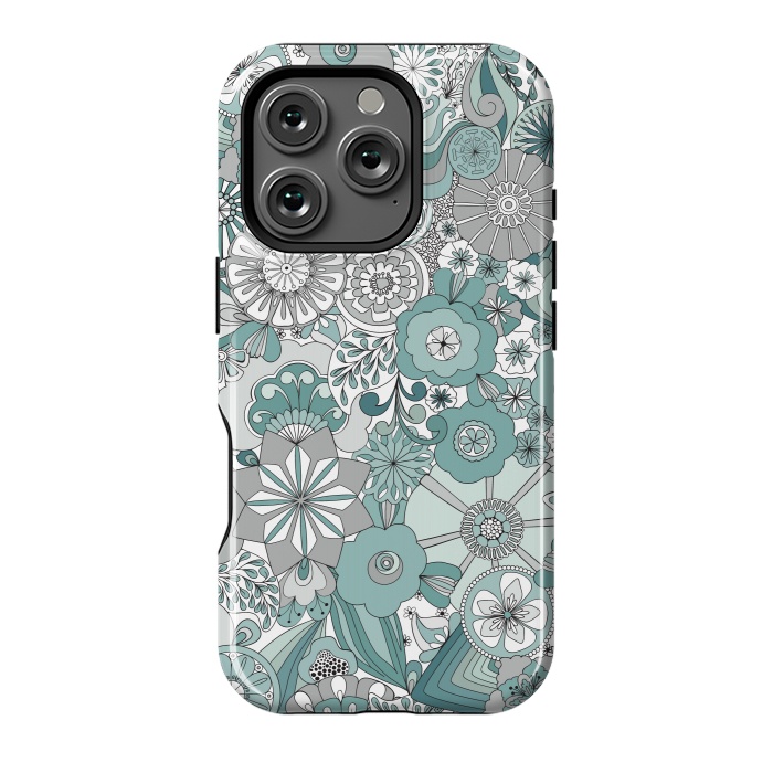 iPhone 16 Pro StrongFit Flowers, Flowers Everywhere Teal and Gray by Paula Ohreen