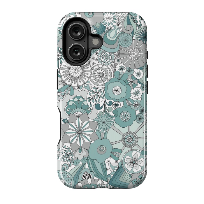 iPhone 16 StrongFit Flowers, Flowers Everywhere Teal and Gray by Paula Ohreen