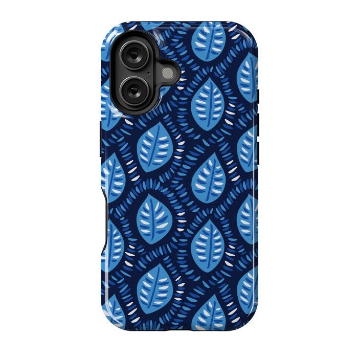 iPhone 16 StrongFit Blue Decorative Geometric Leaves Pattern by Boriana Giormova