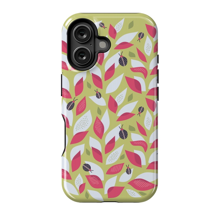 iPhone 16 StrongFit Green Plant With Pink Leaves And Ladybugs Spring by Boriana Giormova