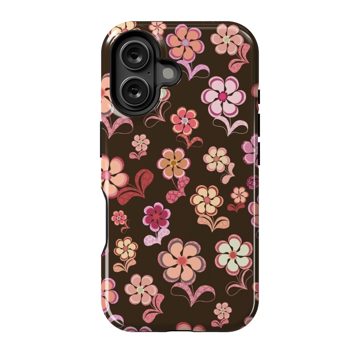 iPhone 16 StrongFit 60s Flowers on Chocolate Brown by Paula Ohreen