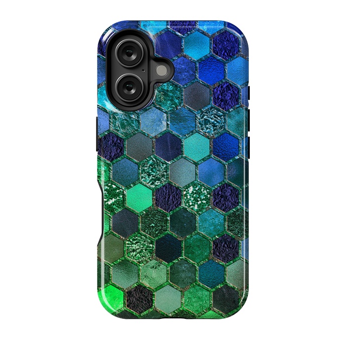 iPhone 16 StrongFit Green and Blue Metalic Honeycomb Pattern by  Utart