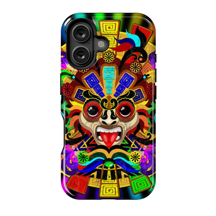 iPhone 16 StrongFit Aztec Warrior Mask Rainbow Colors by BluedarkArt