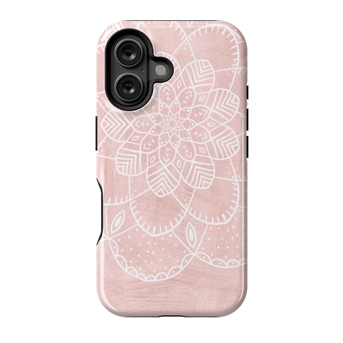 iPhone 16 StrongFit White Mandala on Pink Faux Marble by  Utart