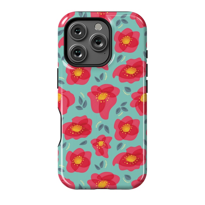 iPhone 16 Pro StrongFit Pretty Flowers With Bright Pink Petals On Blue by Boriana Giormova