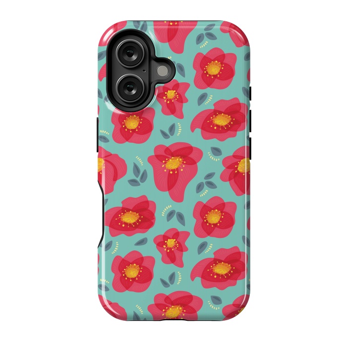 iPhone 16 StrongFit Pretty Flowers With Bright Pink Petals On Blue by Boriana Giormova