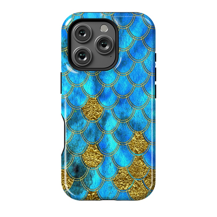 iPhone 16 Pro StrongFit Blue and Gold Glitter Metal Mermaid Scales by  Utart