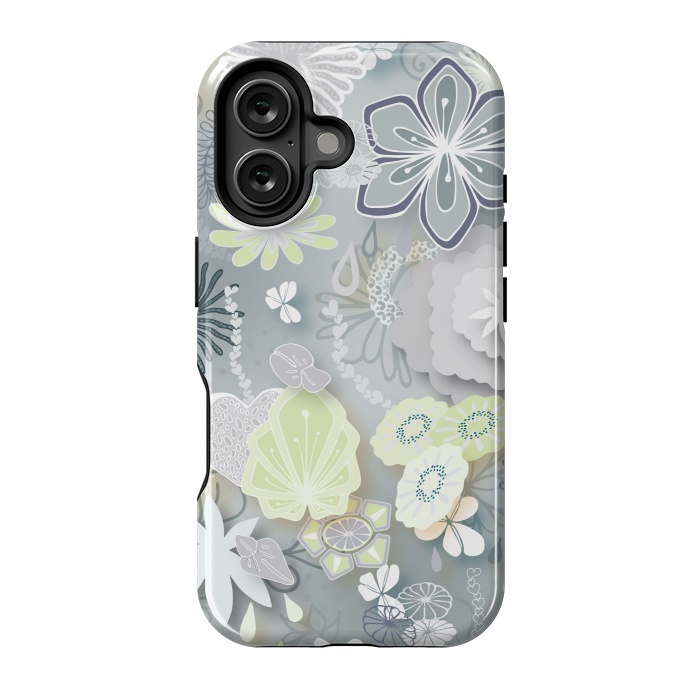 iPhone 16 StrongFit Paper-Cut Florals on Grey by Paula Ohreen