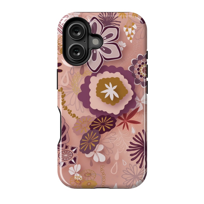 iPhone 16 StrongFit Paper-Cut Florals on Pink by Paula Ohreen