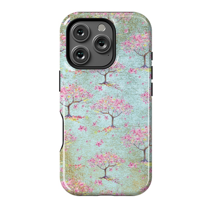 iPhone 16 Pro StrongFit Shiny Teal Spring Metal Cherry Blossom Tree Pattern by  Utart