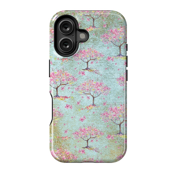 iPhone 16 StrongFit Shiny Teal Spring Metal Cherry Blossom Tree Pattern by  Utart