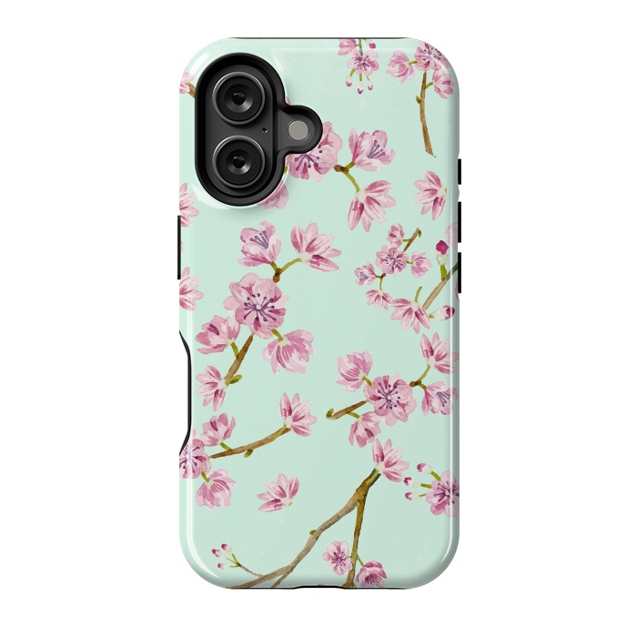 iPhone 16 StrongFit Aqua Teal and Pink Cherry Blossom Branch Spring Pattern by  Utart