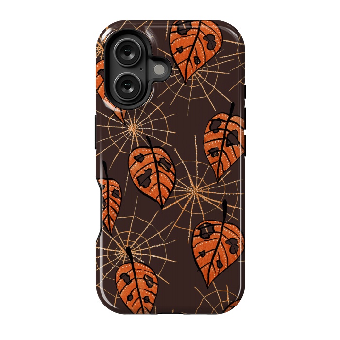 iPhone 16 StrongFit Orange Leaves With Holes And Spiderwebs by Boriana Giormova