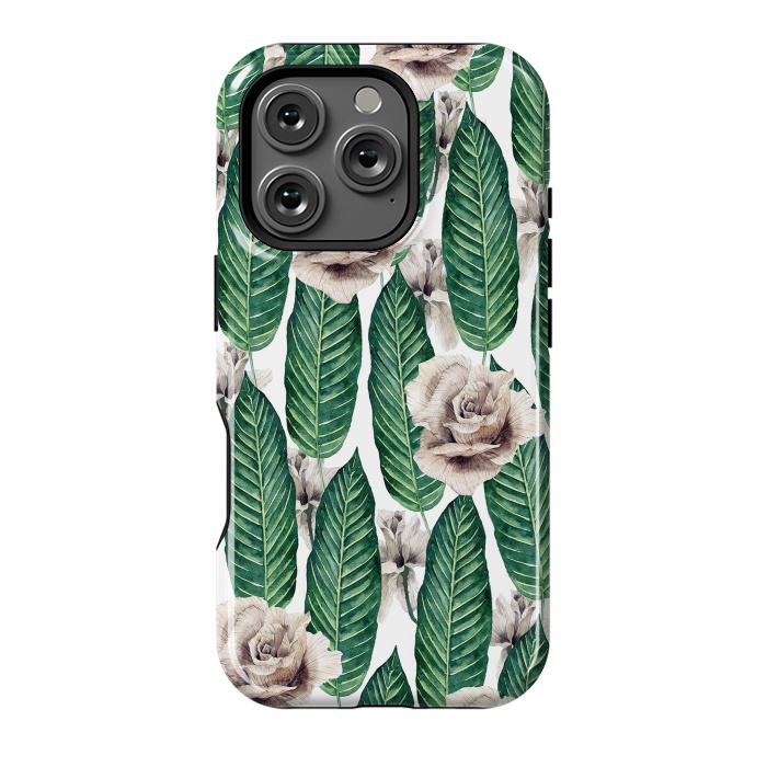 iPhone 16 Pro StrongFit Tropical leaves and white roses by Mmartabc