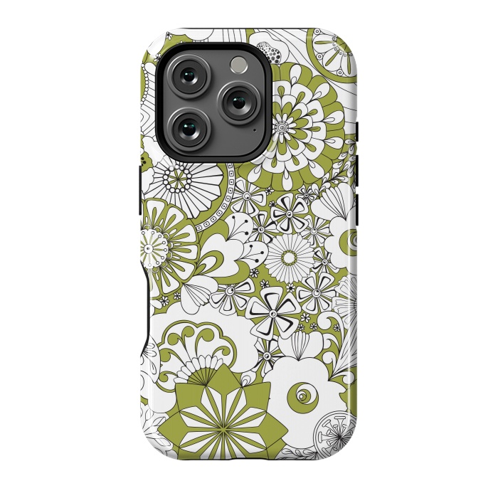 iPhone 16 Pro StrongFit 70s Flowers - Green and White by Paula Ohreen