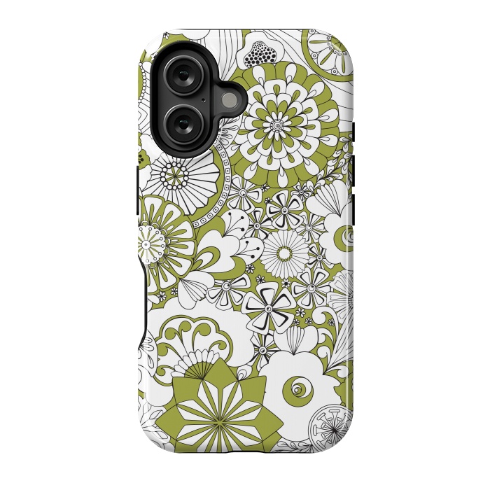 iPhone 16 StrongFit 70s Flowers - Green and White by Paula Ohreen