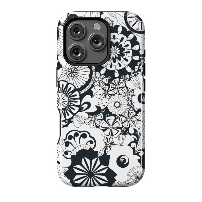 iPhone 16 Pro StrongFit 70s Flowers - Navy and White by Paula Ohreen