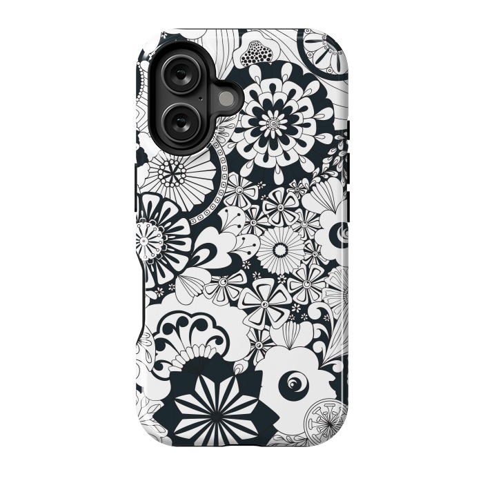 iPhone 16 StrongFit 70s Flowers - Navy and White by Paula Ohreen