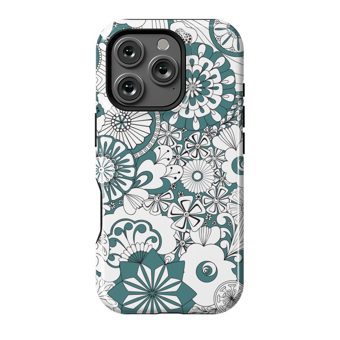 iPhone 16 Pro StrongFit 70s Flowers - Blue and White by Paula Ohreen