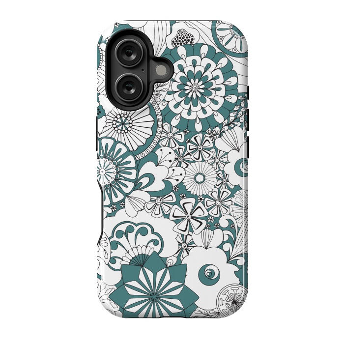 iPhone 16 StrongFit 70s Flowers - Blue and White by Paula Ohreen