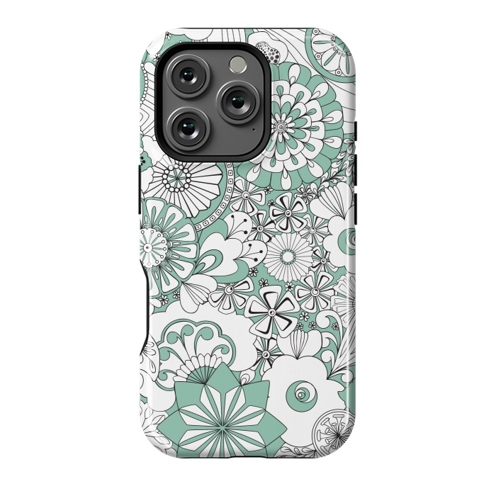 iPhone 16 Pro StrongFit 70s Flowers - Mint Green and White by Paula Ohreen