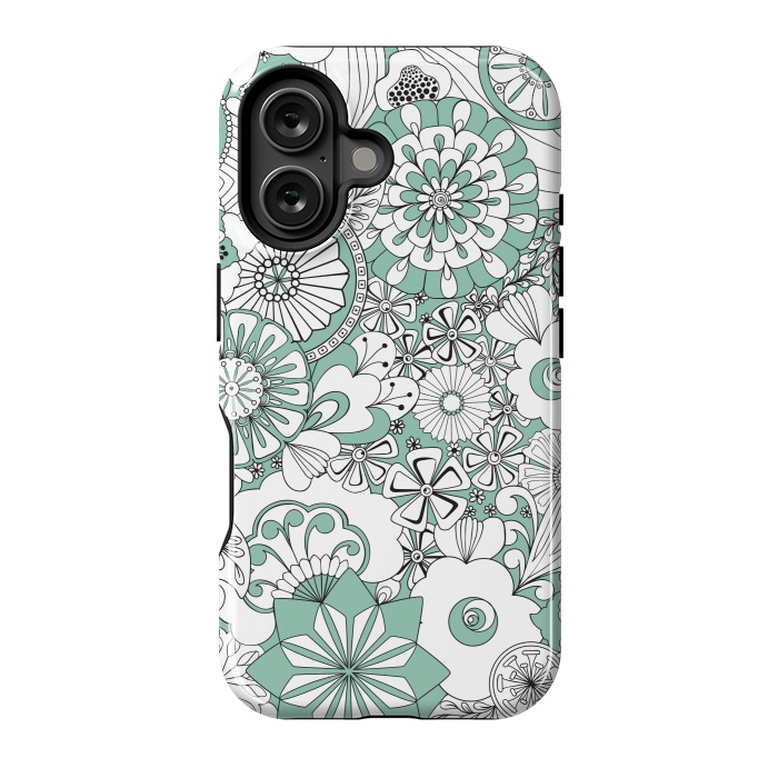 iPhone 16 StrongFit 70s Flowers - Mint Green and White by Paula Ohreen