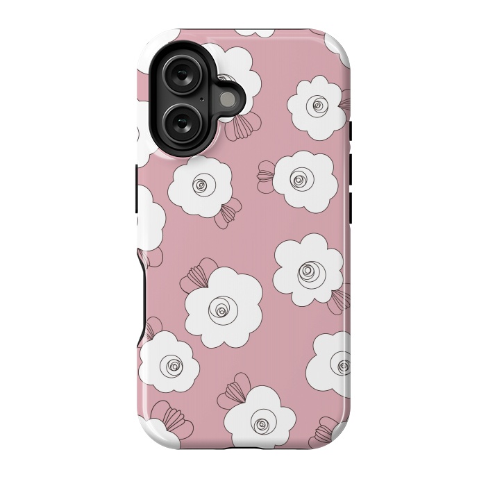 iPhone 16 StrongFit Fluffy Flowers - White on Pink by Paula Ohreen