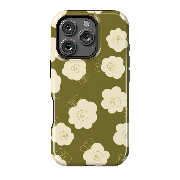 iPhone 16 Pro StrongFit Fluffy Flowers - Cream on Olive Green by Paula Ohreen