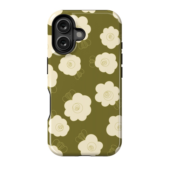 iPhone 16 StrongFit Fluffy Flowers - Cream on Olive Green by Paula Ohreen