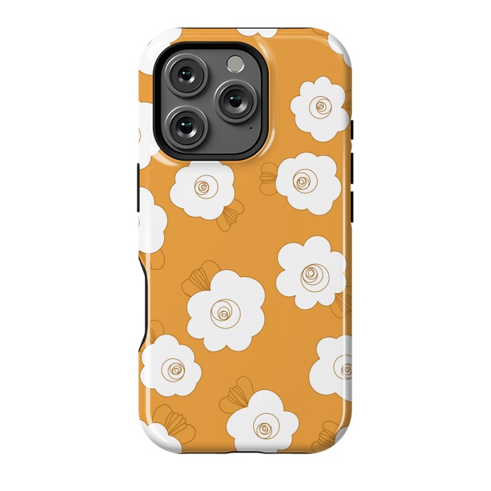 iPhone 16 Pro StrongFit Fluffy Flowers - White on Pumpkin Orange by Paula Ohreen