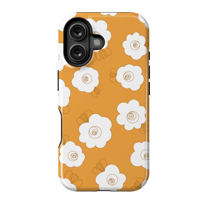 iPhone 16 StrongFit Fluffy Flowers - White on Pumpkin Orange by Paula Ohreen