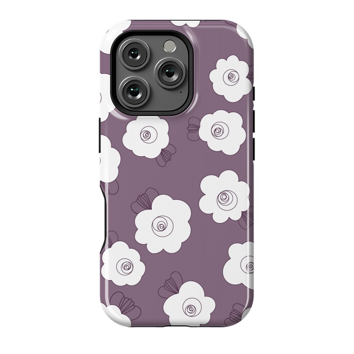 iPhone 16 Pro StrongFit Fluffy Flowers - White on Grape Purple by Paula Ohreen