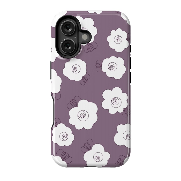 iPhone 16 StrongFit Fluffy Flowers - White on Grape Purple by Paula Ohreen