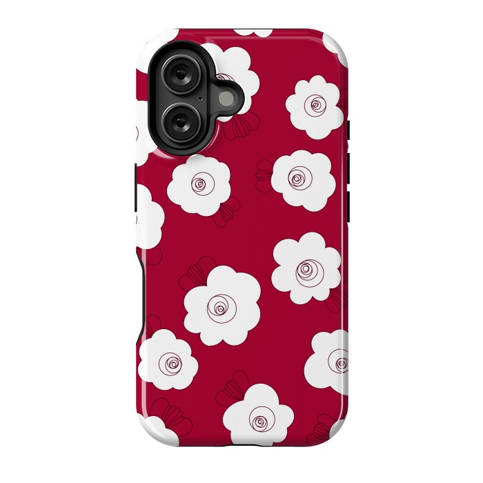 iPhone 16 StrongFit Fluffy Flowers - White on Red by Paula Ohreen