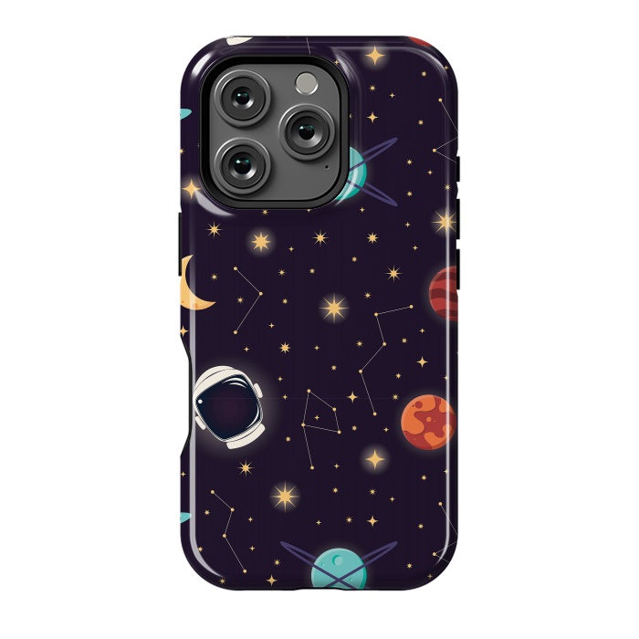 iPhone 16 Pro StrongFit Universe with planets, stars and astronaut helmet seamless pattern, cosmos starry night sky, vector illustration by Jelena Obradovic