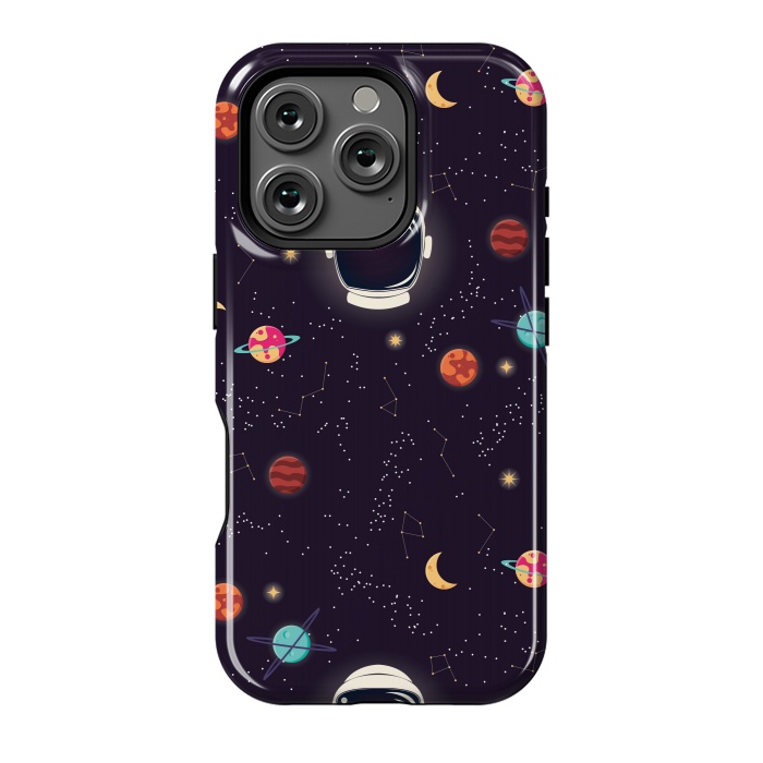 iPhone 16 Pro StrongFit Universe with planets, stars and astronaut helmet seamless pattern, cosmos starry night sky by Jelena Obradovic