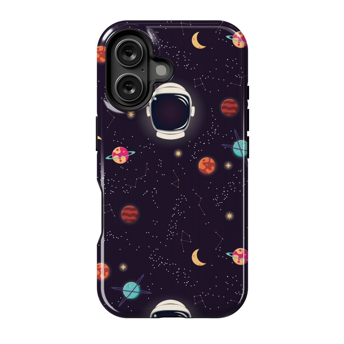 iPhone 16 StrongFit Universe with planets, stars and astronaut helmet seamless pattern, cosmos starry night sky by Jelena Obradovic