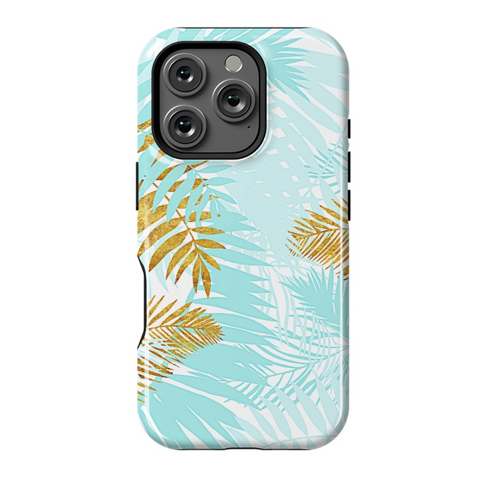 iPhone 16 Pro StrongFit Teal and Gold Palm Leaves by  Utart