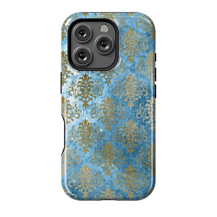 iPhone 16 Pro StrongFit Blue and Gold Trendy Vintage Damask Pattern by  Utart