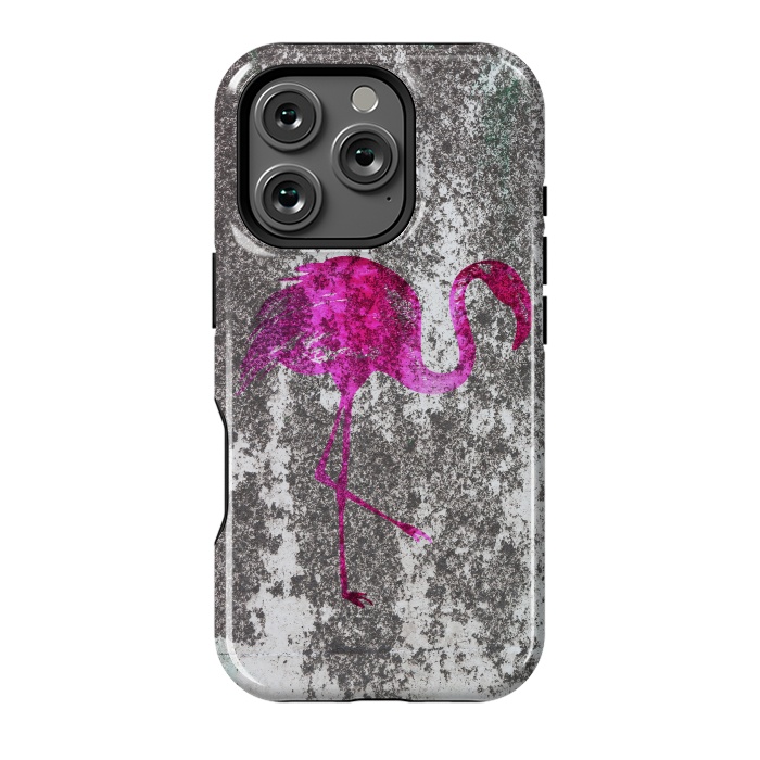 iPhone 16 Pro StrongFit Pink Flamingo Bird On Grunge Wall by Andrea Haase