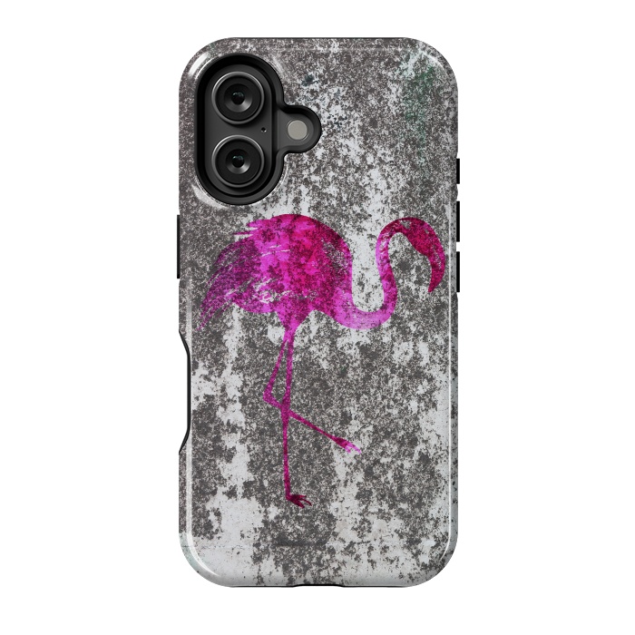 iPhone 16 StrongFit Pink Flamingo Bird On Grunge Wall by Andrea Haase