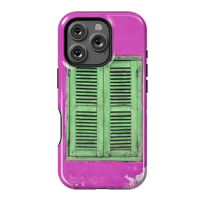 iPhone 16 Pro StrongFit Turquoise Green Shutters In Pink Wall by Andrea Haase